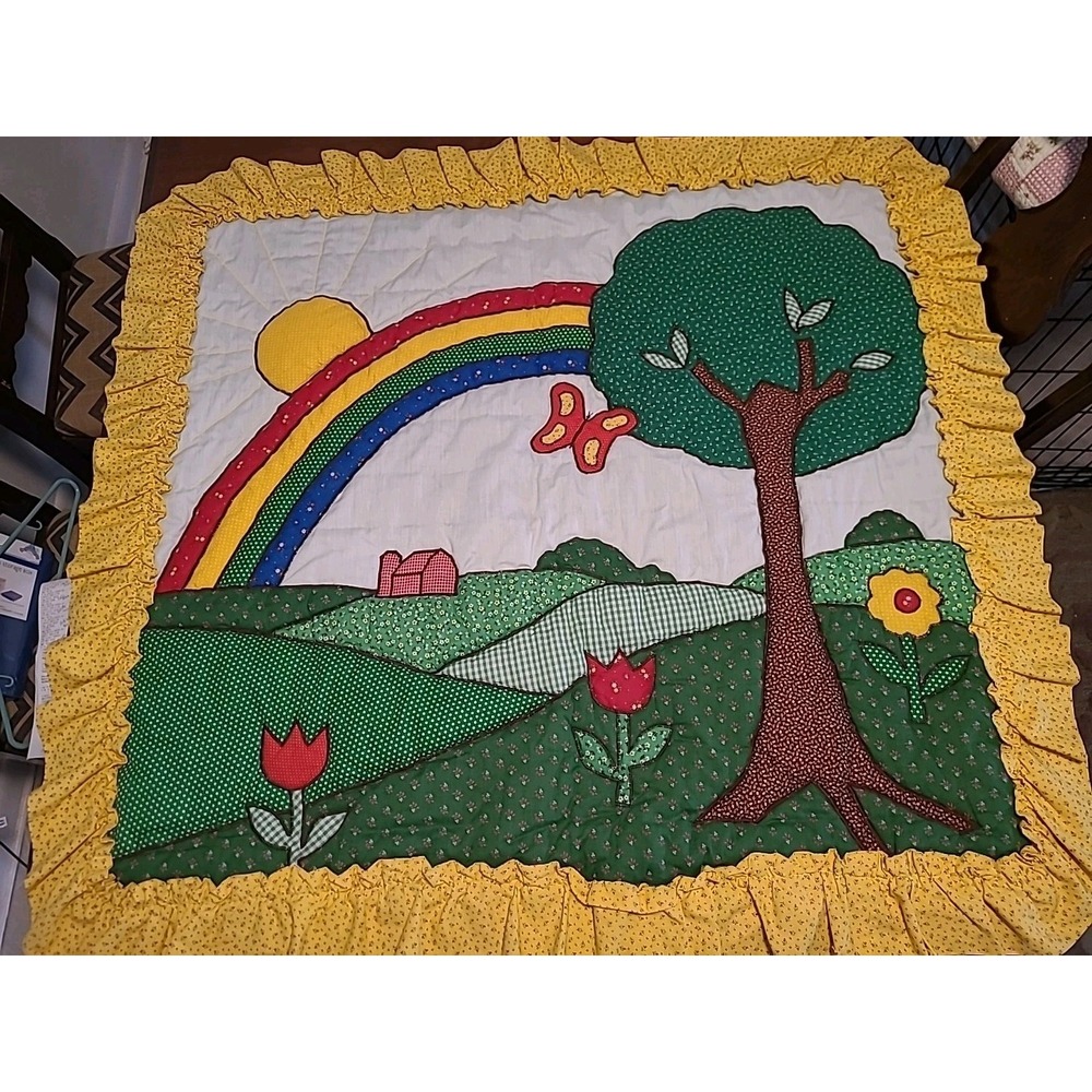 Small Calico Quilt Rainbow Flowers Sunshine Butterfly Tree Yellow Green 45"x 43"